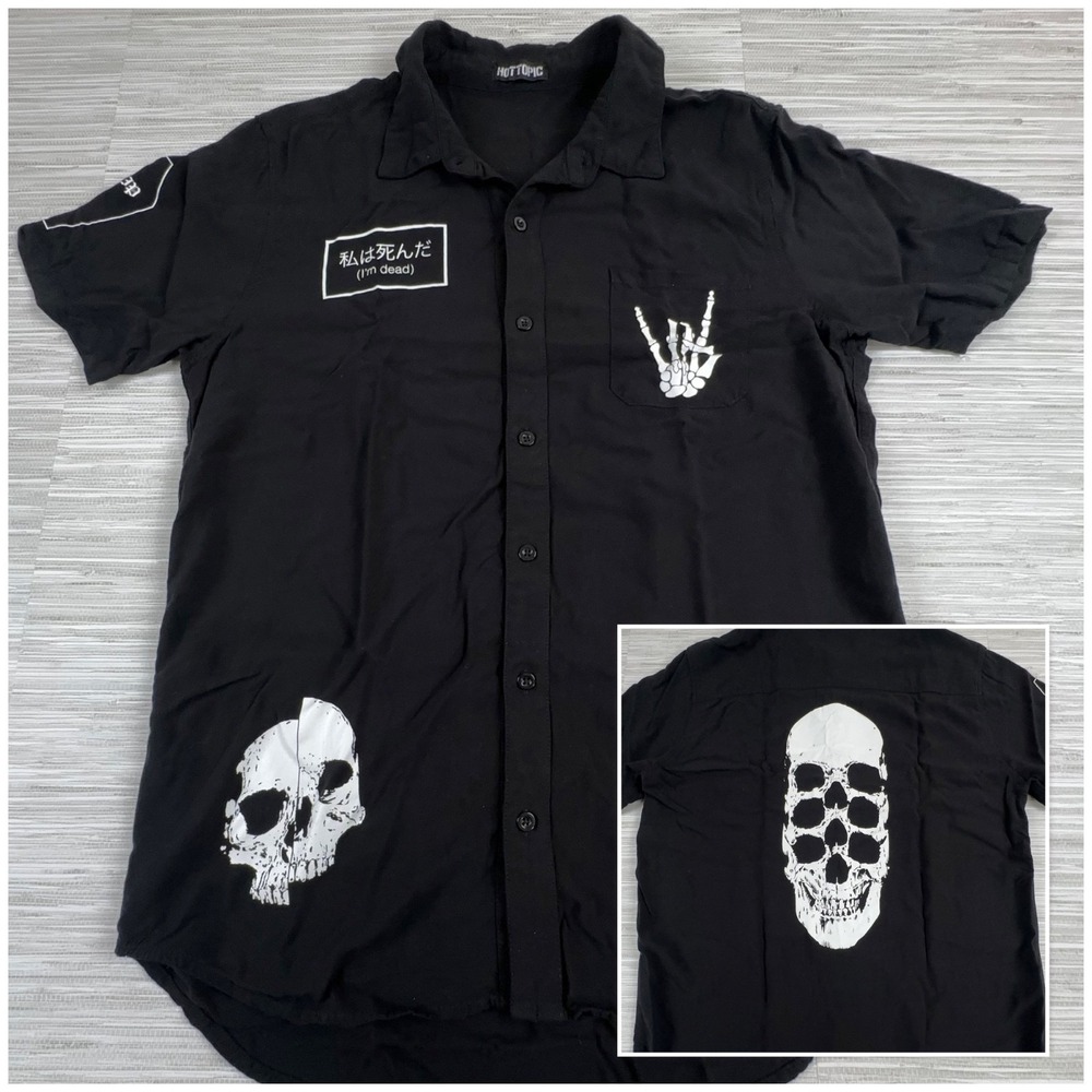 Hot Topic Men Punk Grunge Emo Shirt Size Medium Black Skull Short Sleeve Button